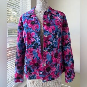 NWT Laura Ashley Barbie Pink Blue Black Floral Button-Up Jacket Sequins Medium